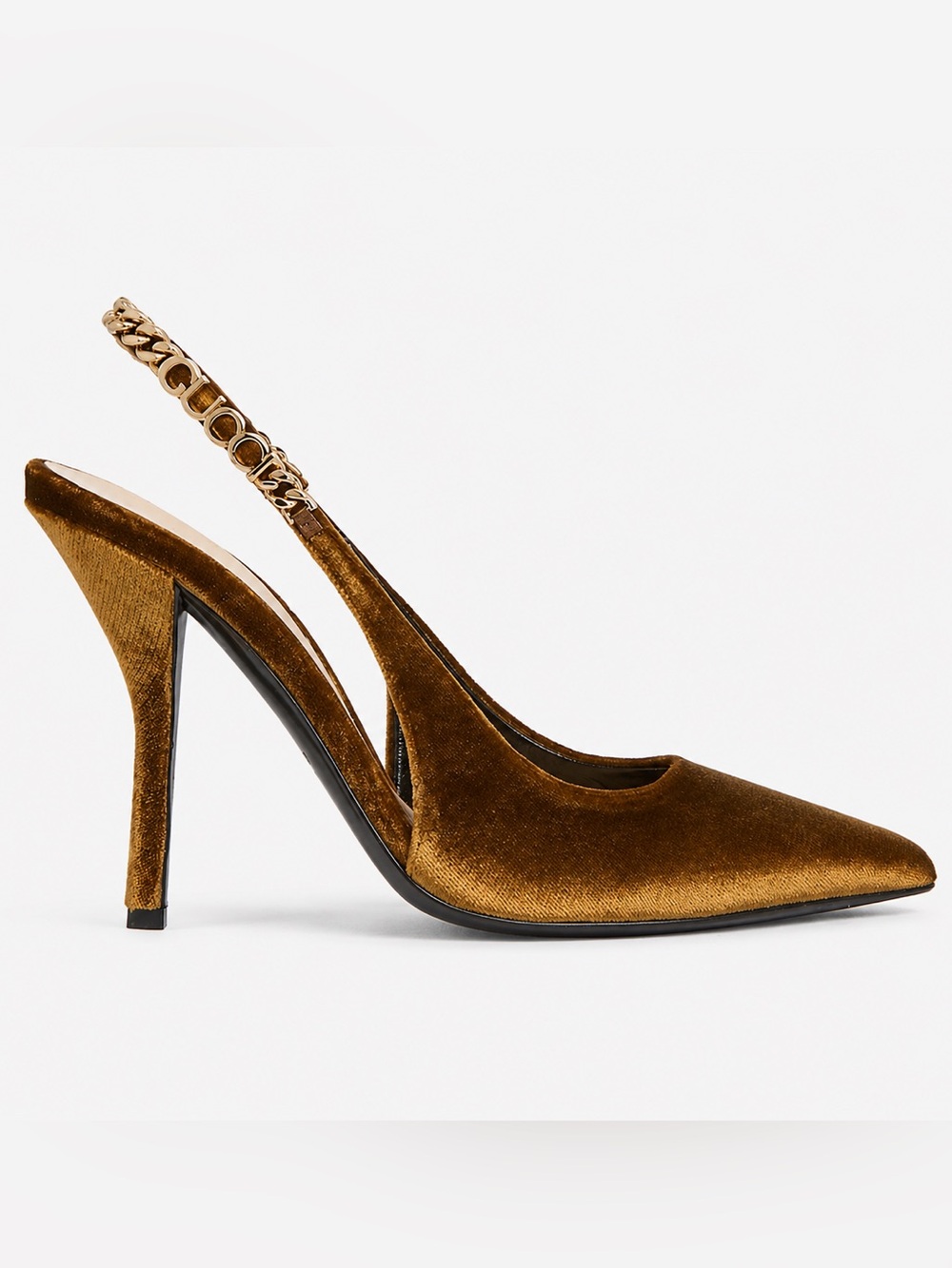 NWT Gucci Brown Velvet Slingback Pumps with Gold Chain Strap US 7, and 8.